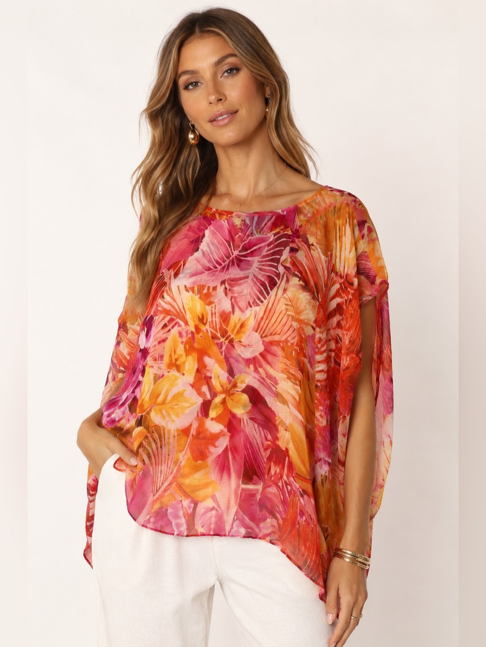 Etcetera Silk Sheer Orange Floral Poncho Blouse Tunic Sz. 10